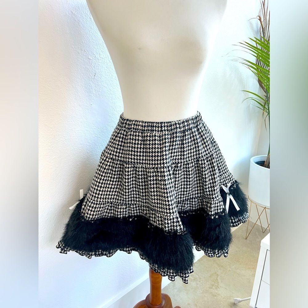 Vintage PUTUMAYO Houndstooth Faux Fur Lace Skirt Y2K Gothic Lolita Japan